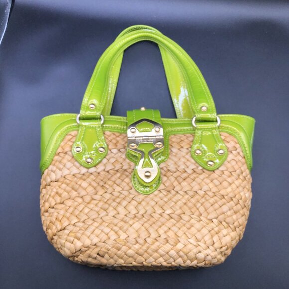 Michael Kors Straw and Green Leather Tote Bag w/Gold Color Hardware Excellent - Picture 9 of 15